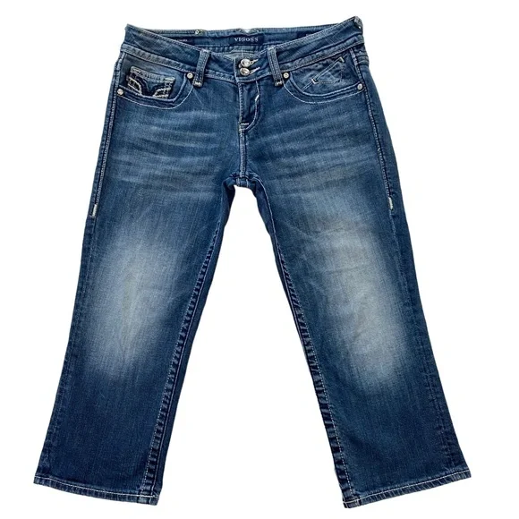 VIGOSS The Chelsea Capri Embroidered Faded Whiskered Stretch Jeans Size 7/8 - Picture 2 of 16